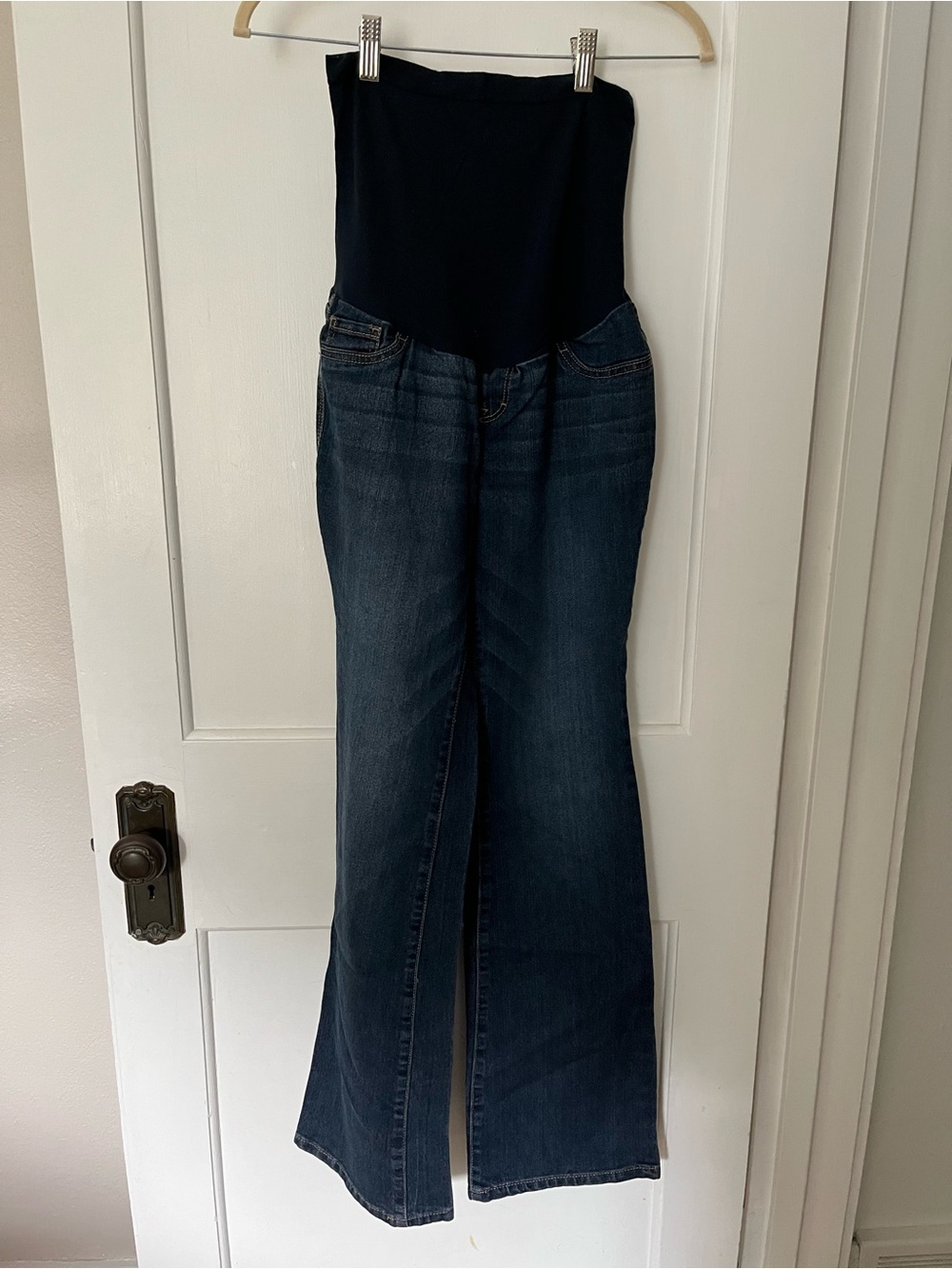 Indigo Blue Dark Wash Flare Maternity Jeans with Black Panel